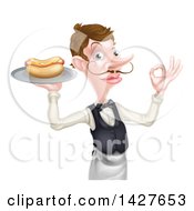 Clipart Of A White Male Waiter With A Curling Mustache Holding A Hot Dog On A Platter And Gesturing Ok Royalty Free Vector Illustration