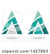 Poster, Art Print Of Triangular Pyramidical Green And Turquoise Arrow Letter A Logos Or Icon Designs With Stripes And Shadows