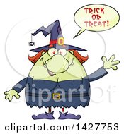 Poster, Art Print Of Cartoon Fat Green Witch Saying Trick Or Treat And Waving