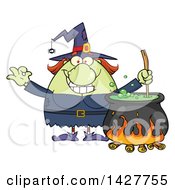 Cartoon Fat Green Witch Gesturing Okay Or Perfect And Stirring A Cauldron