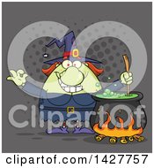 Poster, Art Print Of Cartoon Fat Green Witch Gesturing Okay Or Perfect And Stirring A Cauldron Over Gray Halftone