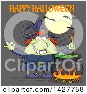 Poster, Art Print Of Cartoon Fat Green Witch Gesturing Okay Or Perfect And Stirring A Cauldron With Happy Halloween Text Over Gray Halftone