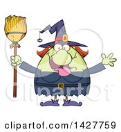 Poster, Art Print Of Cartoon Fat Green Witch Welcoming With Open Arms And Holding A Broom