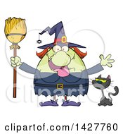 Poster, Art Print Of Cartoon Fat Green Witch Welcoming With Open Arms And Holding A Broom By A Cat