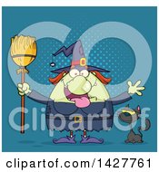 Poster, Art Print Of Cartoon Fat Green Witch Welcoming With Open Arms And Holding A Broom By A Cat Over Blue Halftone