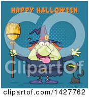 Poster, Art Print Of Cartoon Fat Green Witch Welcoming With Open Arms And Holding A Broom By A Cat With Happy Halloween Text Over Blue Halftone