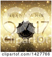 Poster, Art Print Of Golden Happy New Year 2017 Design With A Clock On Gold Stars And Snowflakes