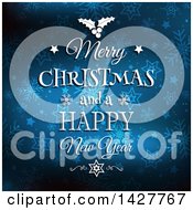 Clipart Of A White Merry Christmas And A Happy New Year Greeting On Blue Stars And Snowflakes Royalty Free Vector Illustration