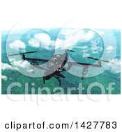 Poster, Art Print Of 3d Metal Quadcopter Drone Flying Above The Clouds Over A Landscape