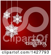 Poster, Art Print Of White Merry Christmas Greeting And Suspended Snowflakes On Red