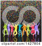 Poster, Art Print Of Group Of Silhouetted Colorful Dancers With Confetti On Black