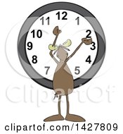 Poster, Art Print Of Cartoon Moose Holding His Arms Up Over A Wall Clock