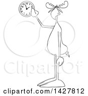 Clipart Of A Cartoon Black And White Moose Pointing At A Wall Clock Royalty Free Vector Illustration