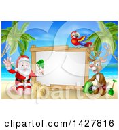Poster, Art Print Of Happy Rudolph Red Nosed Reindeer And Santa Making Sand Castles On A Tropical Beach By A Blank Sign With A Parrot
