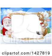 Poster, Art Print Of Christmas Santa Claus And Rudolph Red Nosed Reindeer Pointing Around A Sign Over A Winter Landscape