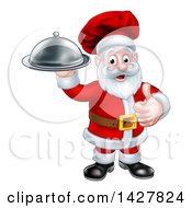 Poster, Art Print Of Christmas Santa Claus Chef Giving A Thumb Up And Holding A Cloche Platter