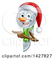 Poster, Art Print Of Happy Snowman Wearing A Christmas Santa Hat And Pointing Around A Sign