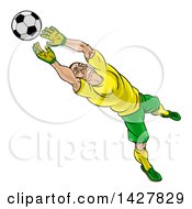 Poster, Art Print Of Cartoon Male Goal Keeper Soccer Player In A Green And Yellow Uniform Sacing A Goal