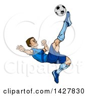 Poster, Art Print Of Cartoon Male Soccer Player In A Blue Uniform Kicking A Ball In Mid Air