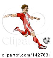 Poster, Art Print Of Cartoon Male Soccer Player In A Red Uniform Kicking A Ball