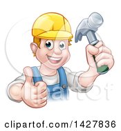 Poster, Art Print Of Cartoon Happy White Male Carpenter Holding A Hammer And Giving A Thumb Up