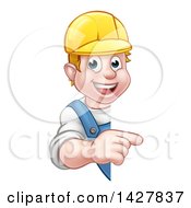 Poster, Art Print Of Cartoon Happy White Male Worker Pointing Around A Sign