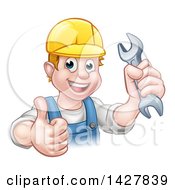 Poster, Art Print Of Cartoon Happy White Male Mechanic Holding A Spanner Wrench And Giving A Thumb Up