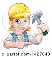 Poster, Art Print Of Cartoon Happy White Female Carpenter Holding Up A Hammer And Pointing