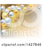 Poster, Art Print Of Background With Swooshes And 3d Suspended Silver And Gold Christmas Bauble Ornaments