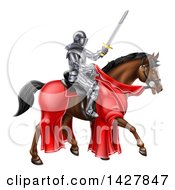 Poster, Art Print Of 3d Full Armored Medieval Knight On A Brown Horse Holding A Sword
