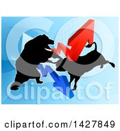 Silhouetted Fighting Bear Vs Bull Stock Market Design With Arrows Over A Graph