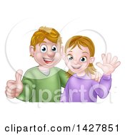 Poster, Art Print Of Cartoon Casual Young Caucasian Couple Waving And Giving A Thumb Up