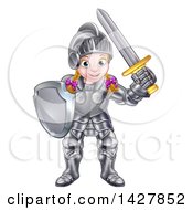 Poster, Art Print Of Happy White Girl In Full Knight Armour Holding A Shield And Sword