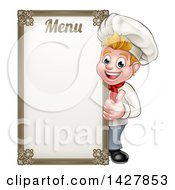 Poster, Art Print Of Happy Young Blond White Male Chef Giving A Thumb Up Around A Menu Board