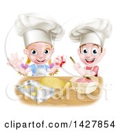 Poster, Art Print Of Cartoon Happy White Girl And Boy Wearing Toque Hats Making Pink Frosting And Star Shaped Cookies