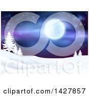 Christmas Background Of A Snowy Winter Landscape With Silhouetted Evergreen Trees And A Full Moon In A Starry Sky