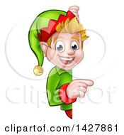 Clipart Of A Happy Caucasian Male Christmas Elf Pointing Around A Sign Royalty Free Vector Illustration by AtStockIllustration