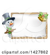 Poster, Art Print Of Happy Snowman Wearing A Christmas Top Hat And Pointing Around A Blank Sign With Bells