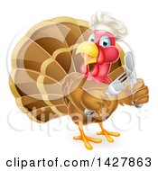 Clipart Of A Thanksgiving Turkey Bird Wearing A Chef Hat And Holding Silverware Royalty Free Vector Illustration