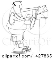 Poster, Art Print Of Cartoon Black And White Lineart Chubby Man Reading A Letter At His Mailbox