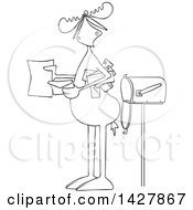 Clipart Of A Cartoon Black And White Lineart Moose Opening A Letter By A Mailbox Royalty Free Vector Illustration