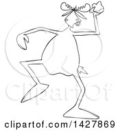 Clipart Of A Cartoon Black And White Lineart Angry Moose Throwing A Rock Royalty Free Vector Illustration