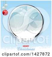 Clipart Of A Metal Border With Ice And Snow Falling Out Over Merry Christmas Text With Baubles On Blue Royalty Free Vector Illustration by elaineitalia