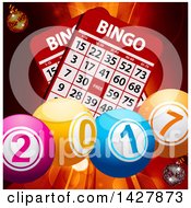 Clipart Of A Background Of Bingo Cards And 3d New Year 2017 Balls Over Flares Royalty Free Vector Illustration