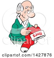 Poster, Art Print Of Cartoon Nostalgic Old Caucasian Widower Man Holding A Hers Christmas Stocking And Thinking Of His Late Wife