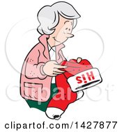 Poster, Art Print Of Cartoon Nostalgic Old Caucasian Widow Woman Holding A His Christmas Stocking And Thinking Of Her Late Husband