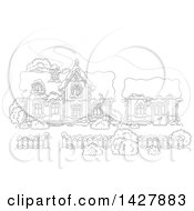 Poster, Art Print Of The Black And White Lineart House And Work Shop Of Santa Claus In A Winter Wonderland