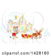 Poster, Art Print Of Reindeer Waiting As Santa Loads His Sleigh With Christmas Gifts In Front Of His Home