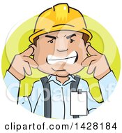 Frustrated Male Worker Wearing A Hardhat And Plugging His Ears