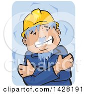 Poster, Art Print Of Freezing And Shivering Male Worker Wearing A Hard Hat And Hugging Himself Over Blue